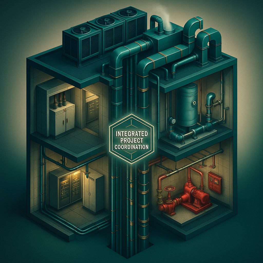 Isometric cutaway illustration of an integrated MEPF facility — rooftop chillers and cooling towers, electrical room with transformer and switchgear, plumbing pressure tanks and pumps, fire pump room with NFPA-20 equipment, and a glowing Integrated Project Coordination hub at the center
