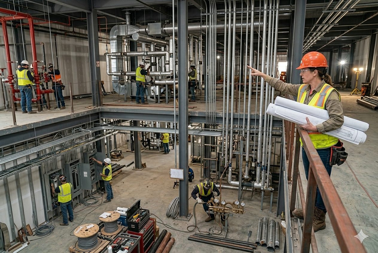 Site supervisor directing a multi-level MEPF erection in progress