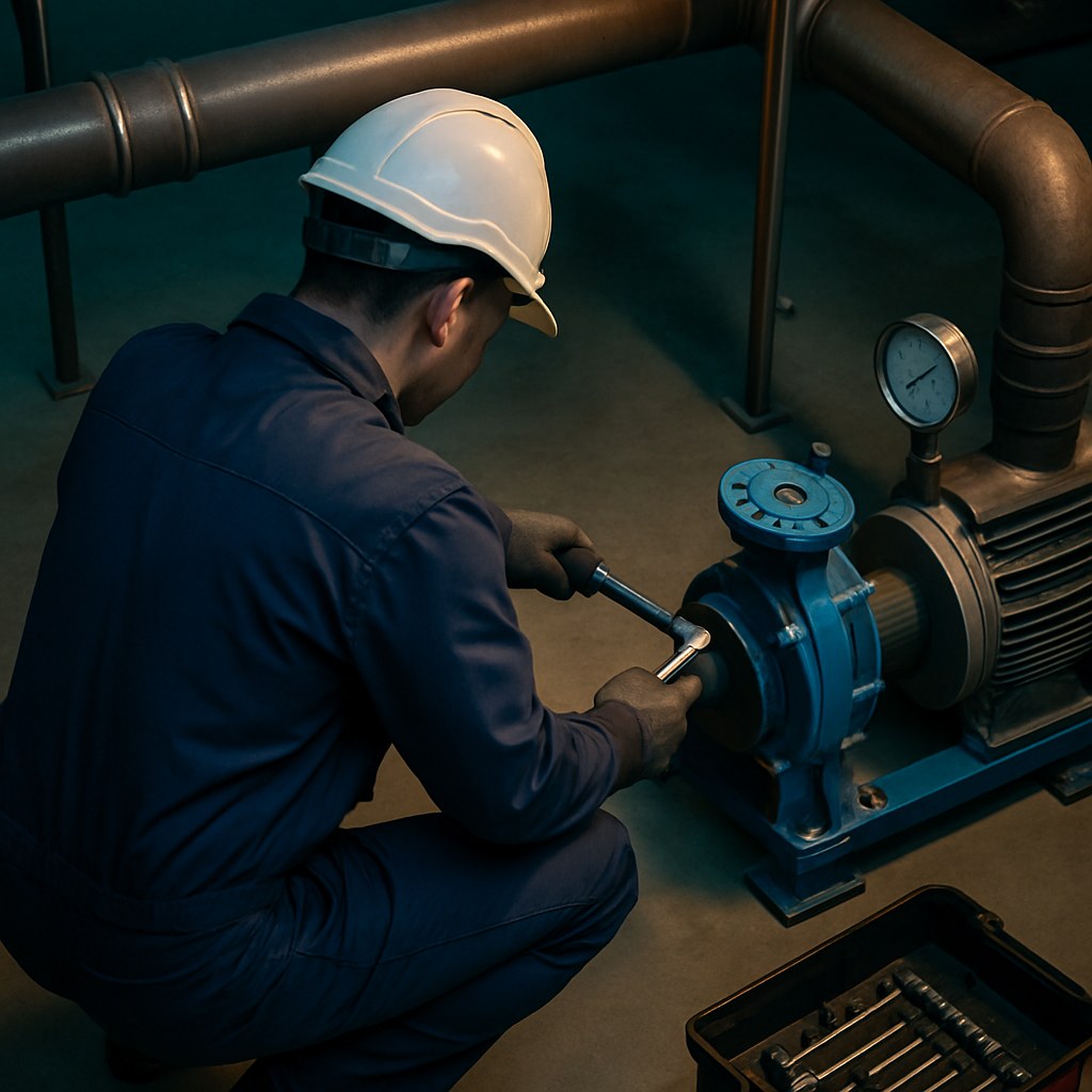 Maintenance technician in PPE servicing an industrial pump with a torque wrench during a preventive check
