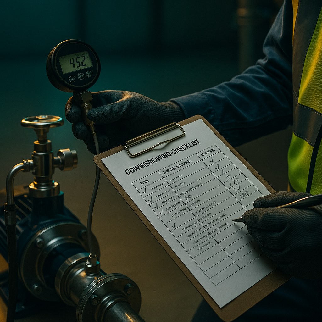 Engineer filling out a commissioning checklist with a digital pressure gauge connected to a pump valve