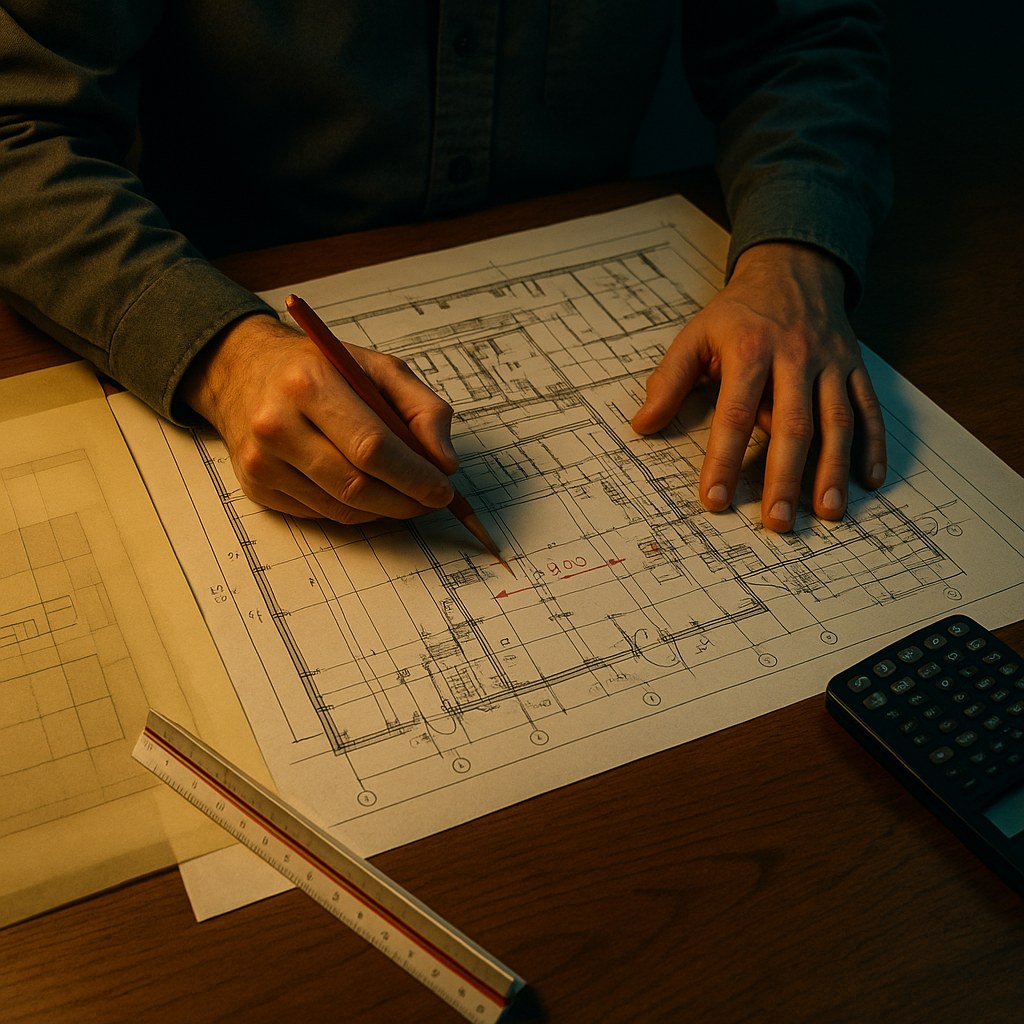 Engineer annotating an industrial floor plan in red pencil during concept and basic engineering