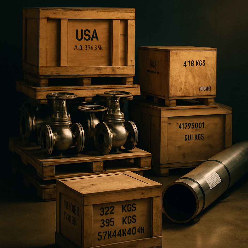 Stencilled equipment crates, chrome valves and a length of large-diameter piping staged in a procurement bay