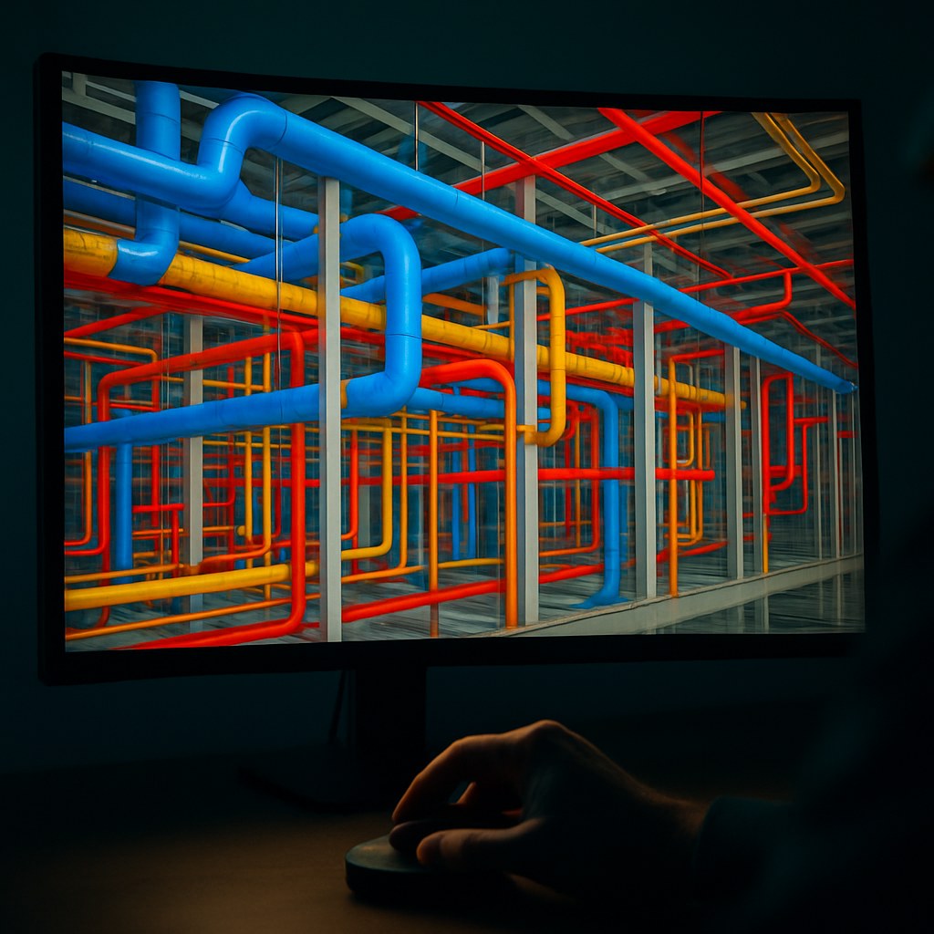 BIM coordination workstation displaying a 3D multi-discipline MEPF model with ducting, piping and cable trays