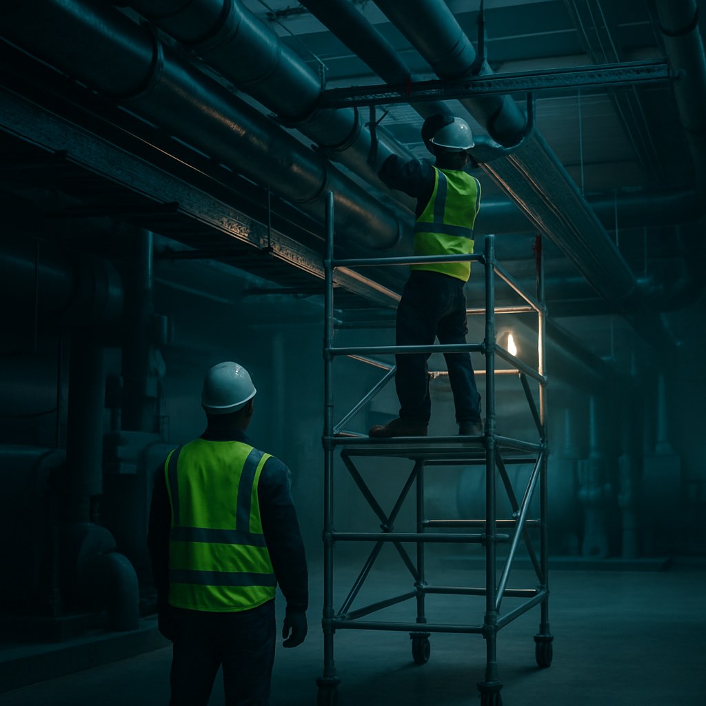 Workers in PPE installing overhead piping and cable trays from a scaffold tower inside a plant room