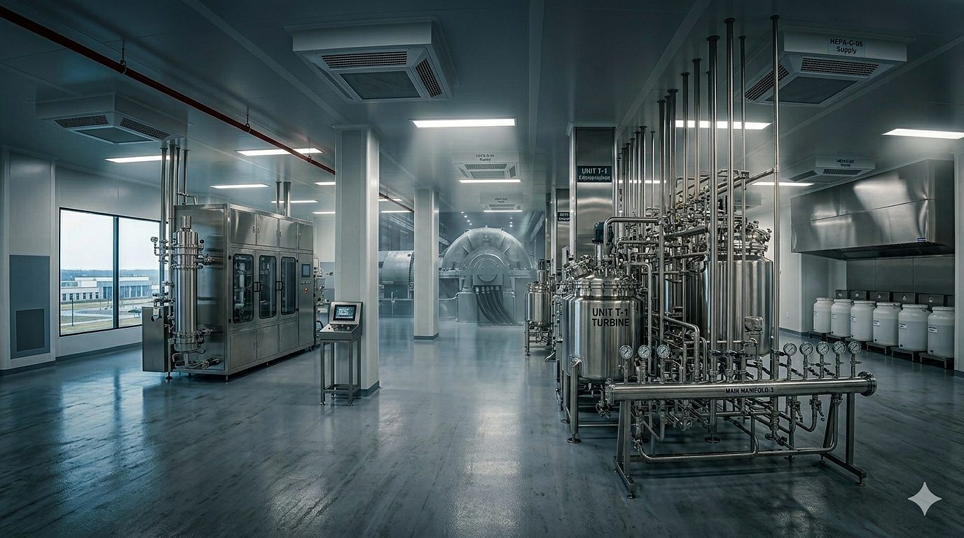 Industrial plumbing utility room — pumps, tanks and distribution headers